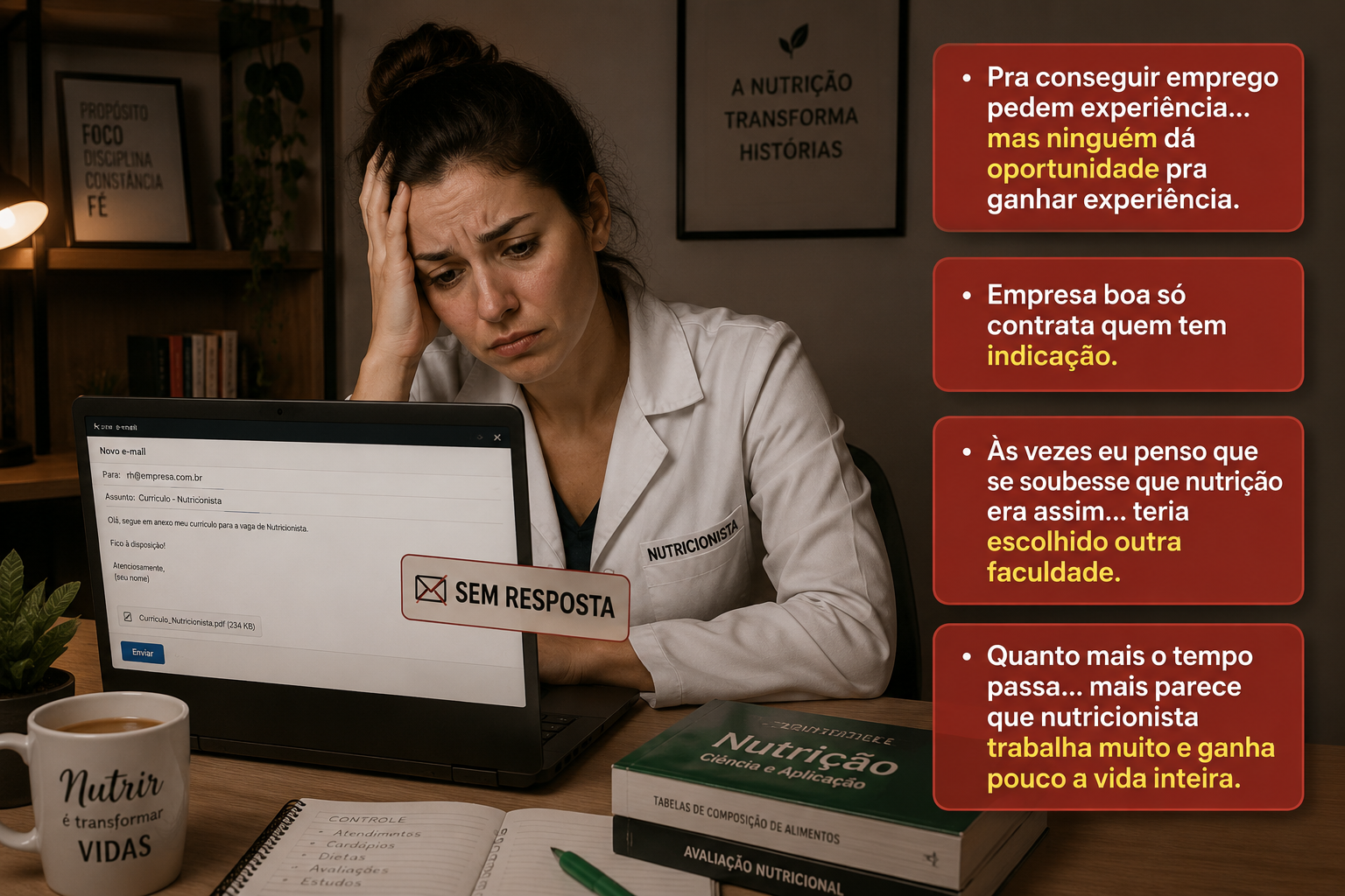 Nutricionista frustrada enviando currículos sem resposta