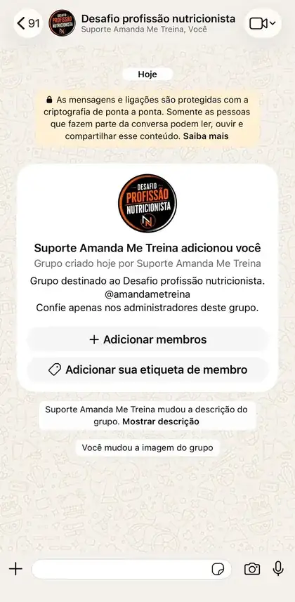 Grupo exclusivo de acompanhamento no WhatsApp do Desafio Profissão Nutricionista